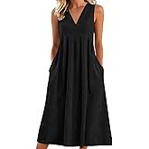 WPPGONE Linen Maxi Dresses for Women Casual V-Neck Long House Dress Sleeveless Trendy Vacation Clothes Sundress with Pockets