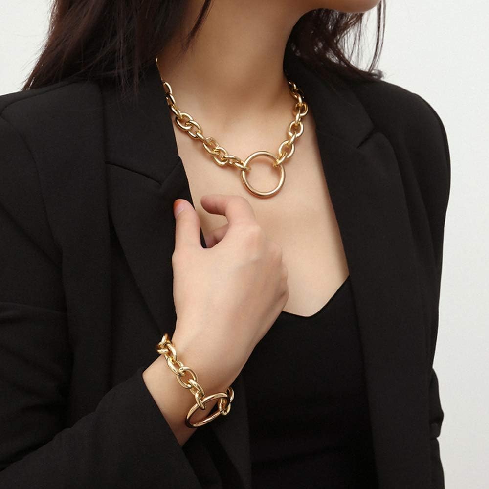 Huture Retro Punk Style Hip Hop Costume Jewelry Snake Curb Turnover Chain Necklace Bracelet Set Fully Adjustable Durable Strong Removable Delicate for Men Women, Gold : Clothing