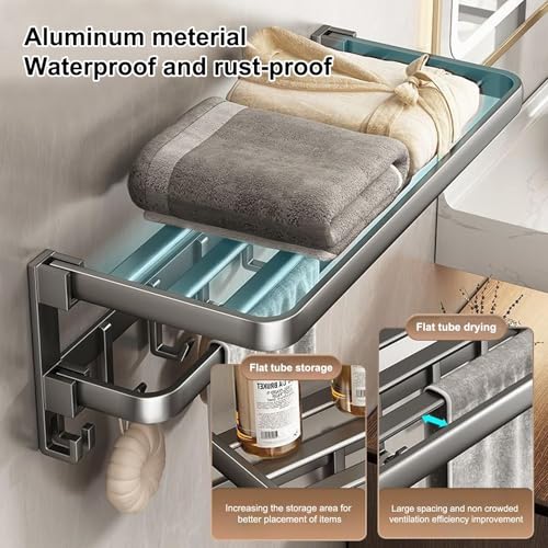 60 cm Wall Mounted Towel Rack for Bathroom, 24 Inch Foldable Matte Towel Shelf with Bar and Movable 9 Hooks, Space Aluminum Rustproof Towel Organizer for Bathroom, Shower, and Hotel Use