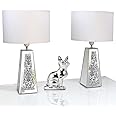 GOTHICO Silver Mirror Crushed Diamond LED Table Lamp, Four Prism Shaped Crystal Diamond Mirrored Base,White Round Linen Shade, 20.7" Height for Living Room Bedroom Office, Modern Art Decor,Set of 2
