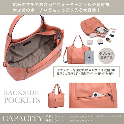 Gusio Italy 171077 Women's Tote Bag, Set of 2 with Pochette, A4 & PC Storage, Shoulder Bag, On-Off Use, High Visibility, PU Leather, Recruitment, Commuting, Business, Women's, coral pink