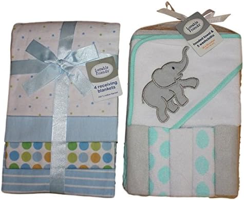 Luvable Friends - An Elephant Hooded Towel And 5 Washcloths Bundled With 4 Flannel Receiving Blankets - Makes For a Perfect Baby boy Shower Gift.