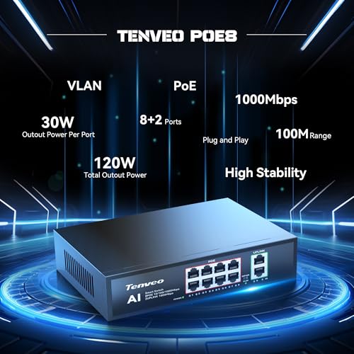 Tenveo Power Over Ethernet Switch PoE+ 8 Gigabit Ports, 120W, 2 Uplink, Smart Management, VLAN, Metal Housing - Ideal for IP Cameras, Streaming and Business Networks