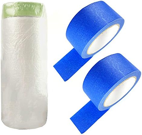 Sarira C Basic Painting Prep Material Kit,2in x 98ft Blue Adhesion Painter Masking Paper Tapes & 3.6ft x 82ft Thick Clear Pre-Taped Masking Film