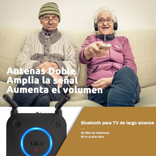 1Mii Transmisor Bluetooth 5.3 para TV a 2 Auriculares Bluetooth, Adaptador Audio Bluetooth TV con Control de Volumen, Entrada Óptica, Coaxial, Aux, RCA, aptx Baja Latencia, Largo Alcance