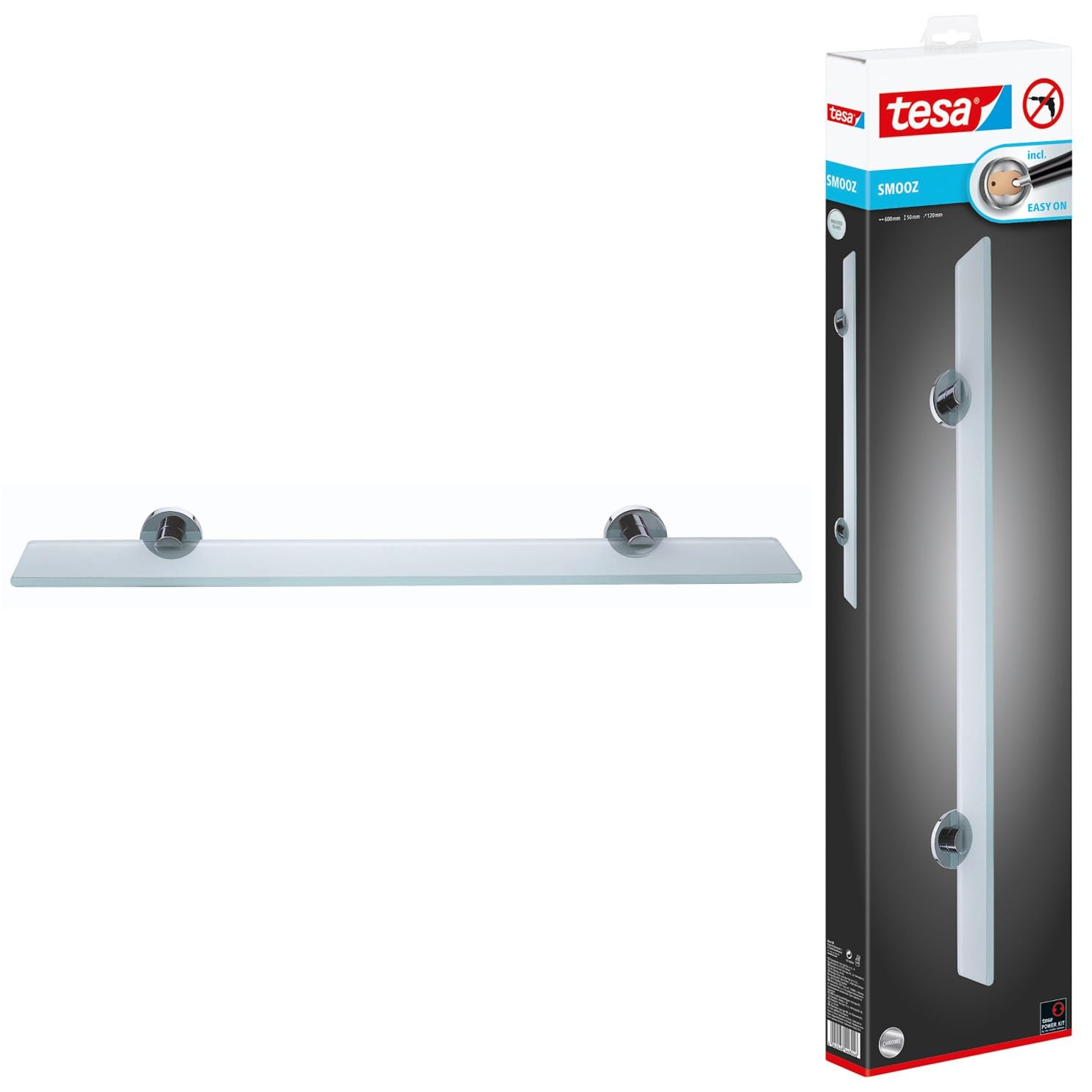 tesa® Smooz Glass Shelf, high Gloss Chromed Metal, self-Adhesive, Adhesive mounting Technology, 50mm x 600mm x 120mm