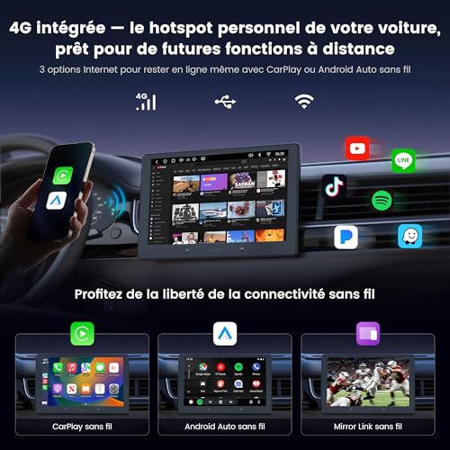 ATOTOOUT Car Radio 2 DIN 10.1 Inches, QLED Touch Screen 4GB+64GB, Wireless CarPlay, Android Auto, Android with 4G/Wi-FI/BT/USB, DSP, GPS and Parkmonitor, LRV, HDMI-EIN-/Ausgang, FM/RDS