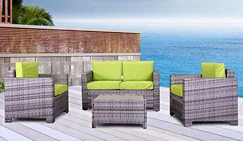 The Eden Rock Collection - 4 Pc Outdoor Rattan Wicker Sofa Sectional Patio Furniture Set. Choice of Set &amp; Cushion Color (Mixed Grey / Lime Green Cushions)