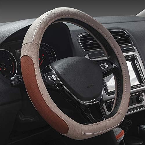 Yopria D Type Vehicle Steering Wheel Cover Car Steering Wheel Protector for Men Women D-shape Diameter 38cm(15") PU Leather Beige