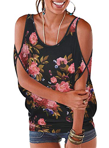 Women's Black Floral Summer Cold Shoulder Tops Casual Scoop Neck Short Sleeve T-Shirt