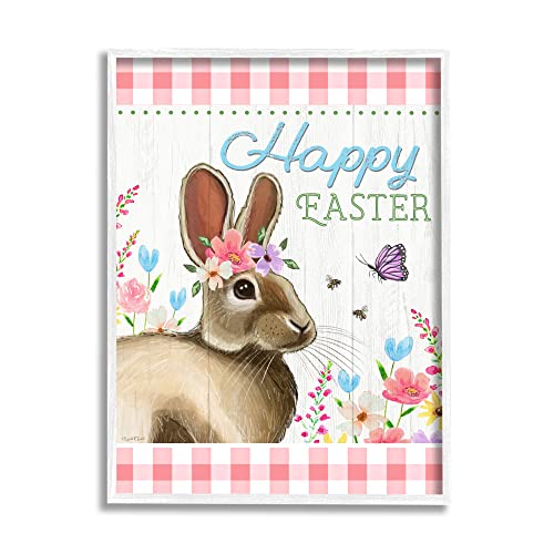 Stupell Industries Happy Easter Floral Gingham Rabbit Framed Giclee Art, Design…