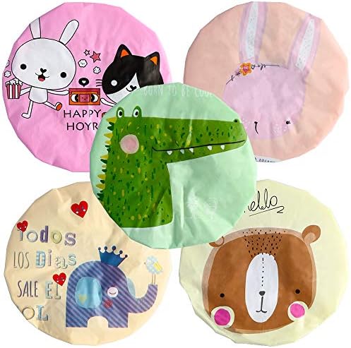 DHE Cartoon Waterproof Elastic Shower Cap Bath Cap for Women and Girls and Kids-5pack