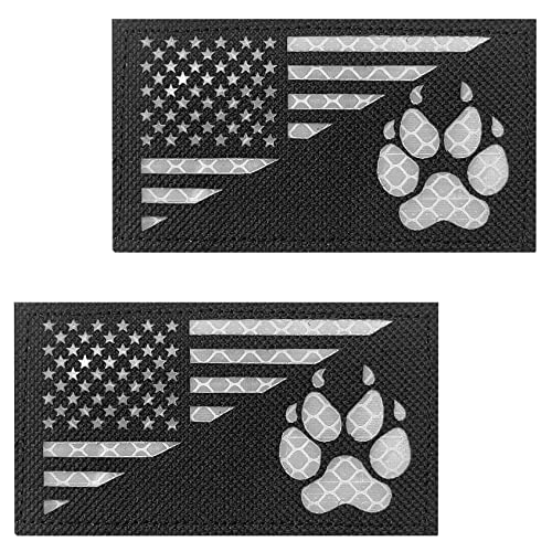 2Pcs IR Reflective Dog Paw Patches K-9 USA Flag Infrared Tactical Morale Embroidered Patch Applique with Hook and Loop Fastener Backing for Dog Vests Harnesses