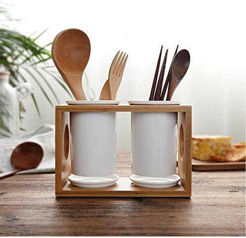 Utensil holder Utensil organizer Ceramic holders with bamboo rack (3 in 1)