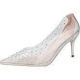EGEBS Women's Rhinestones Clear Leather Stiletto Pumps Fashion Comfort Closed Pointed Toe Slip On High Heels Sandals for Party Prom Date Dress Shoes
