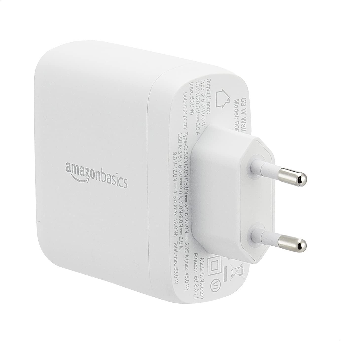 Amazon Basics GaN-Wandladegerät mit 2 Anschlüsse, 63 W, 1 USB-C-Port mit 45 W und 1 USB-A-Port mit 18 W, für Laptops, Tablets und Handys mit Stromversorgung, Weiß (Nicht PPS), 6,6 x 2,94 x 6,24 cm 3