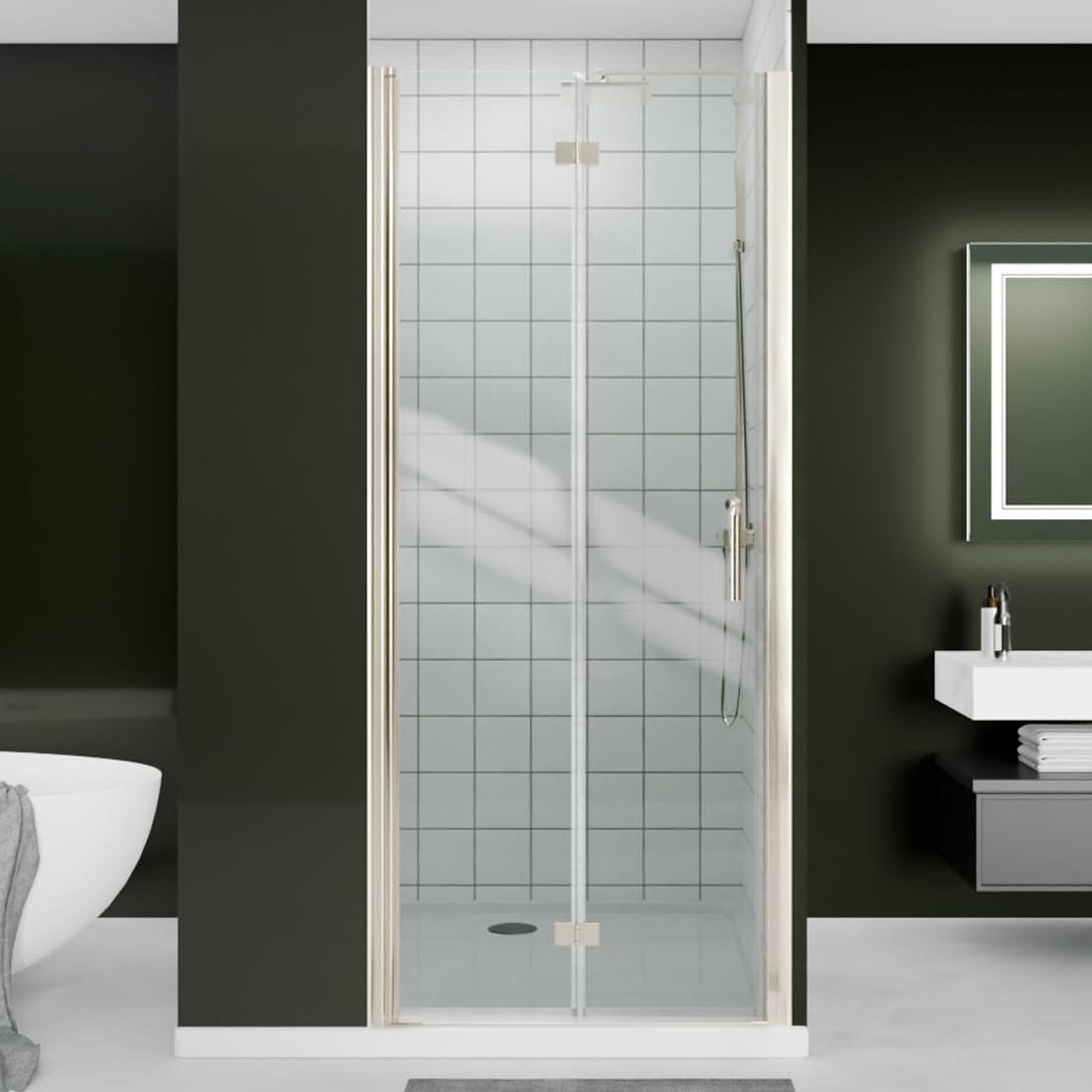 Photo 1 of ***It's used, it's missing a part, and it's not known if it works 100%*** Bifold Shower Door, 32"-33.9" W x 72" H, 1/4" Tempered Glass Shower Door, Foldable Shower Glass Door, Adjustable, Brushed Nickel Finish