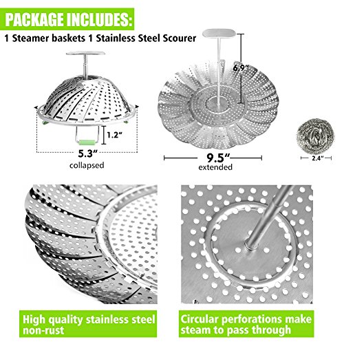Vegetable Steamer Basket Stainless Steel Steamer Insert for Steaming Veggie Food Seafood Cooking, Metal Handle and Foldable Legs, Collapsible to Fit Various Pot Pressure Cooker, 5.3" Extends to 9.5" - Thumbnail 5