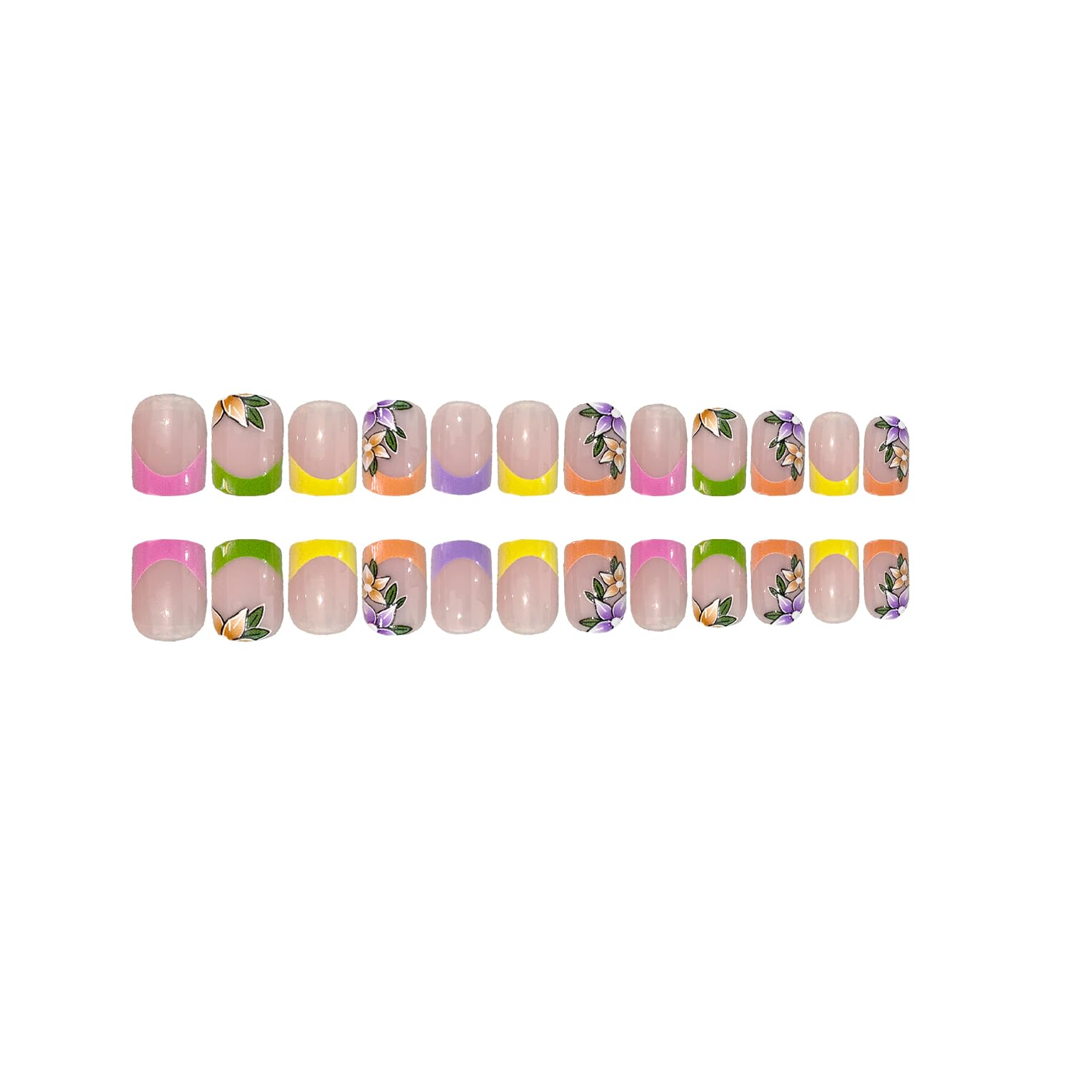 French Tip Press-on Nails: Short Square Fake Nails with Cute Flower Designs, Acrylic, Gloss Finish - Spring Colors Set for Women's Manicure - Image 2