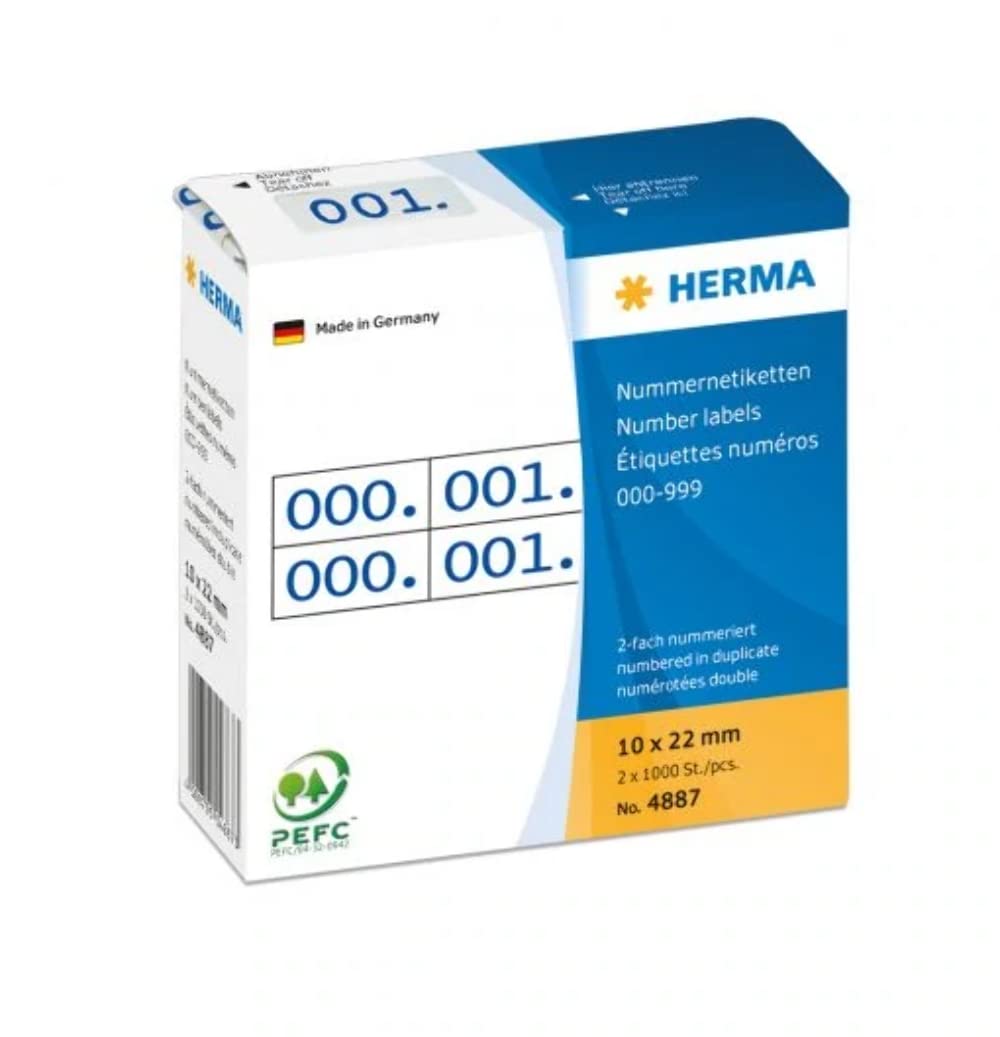 HERMA Number Labels 0-999, Double, 2000 Pieces, 22 x 10 mm, Self-Adhesive, Matte, Double Sequential Paper Number Labels, Asset Numbers in Dispenser Box, Blue Printed