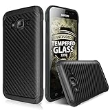 Galaxy J7 (2015) Case With TJS Tempered Glass Screen Protector Included, Hybrid Hard Carbon Fiber Shockproof Slim Fit TPU Armor Drop Protection Case Cover For Samsung Galaxy J7/J700 (Black)