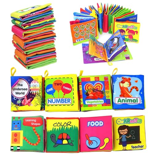TERRIFI Soft Baby Books Set - 8 Pcs Cloth and Bath Books, Crinkle, Washable, Non-Toxic Early Education Toys for Newborns, Babies, Infants, Toddlers, Kids - Preschool Learning