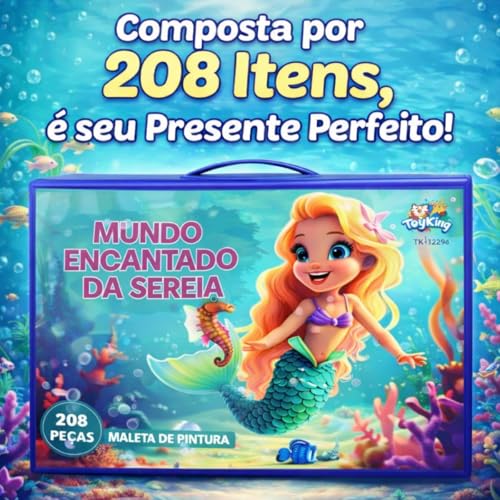 Maleta de Pintura Infantil 208 Itens Mundo Encantado da Sereia Desenho Arte Material Escolar Presente para Crianças