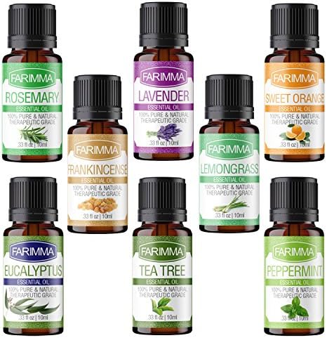 Farimma Aromatherapy Top 8 Essential Oils Gift Set, 100% Pure &amp; Therapeutic Grade Plant Oils - 10 ml Each (Lavender, Eucalyptus, Rosemary, Lemongrass, Peppermint, Orange, Tea Tree and Frankincense)