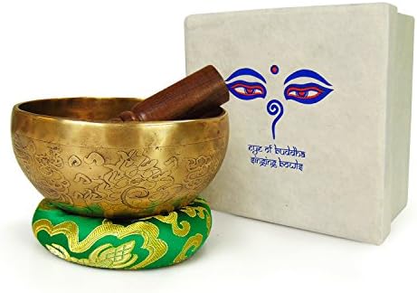 Eye of Buddha Traditional Tibetan Crafstmanship Hand Etched Singing Bowl Set With Mallet &amp; Green Silk Cushion For Meditation, Chakra Healing, Prayer, Yoga &amp; Mindfulness - Sankh Shell Etching - 4.75"
