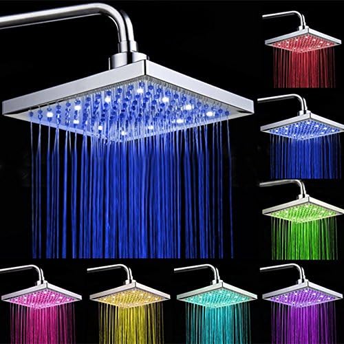 Square Stainless Steel LED Light Shower Head Bathroom 7 Colors Rain Shower Head, Silver