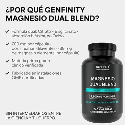 Genfinity Magnesio Dual Blend Longevity Series | 700 mg por Cápsula | 240 Cápsulas | Citrato + Bisglicinato Pureza ≥98% Grado Clínico | Suplemento Alimenticio