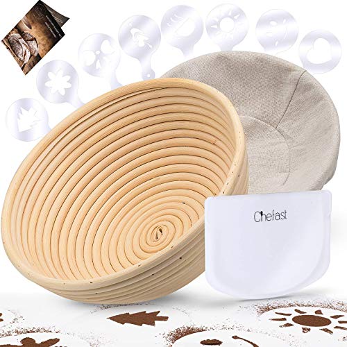 Chefast Banneton Proofing Basket Set: Combo Kit of 9.5" Natural Rattan Basket with Brotform Cloth Liner, 8 Bread Stencils and Bowl/Dough Scraper + Instructions - Make Perfectly Round Sourdough Boules