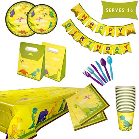 Dinosaur Party Supplies – Dinosaur Birthday Party Pack – Happy Birthday Banner, Disposable Party Plates, Tableware & Party Favor Boxes – 130 Piece Set Serves 16 Guests