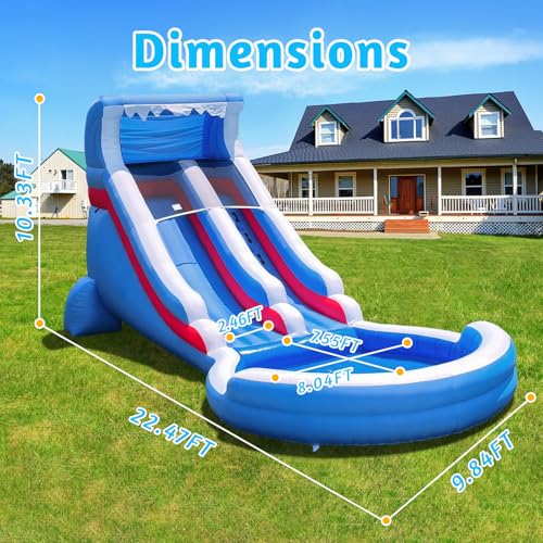 22FT Inflatable Grade Water Slide for Kids with Big Splash Pool, Heavy Duty Blue Kids Water Park with 550W Blower（Enhanced Version）, Wet & Dry Use Outdoor Bounce House for Backyard Summer Party