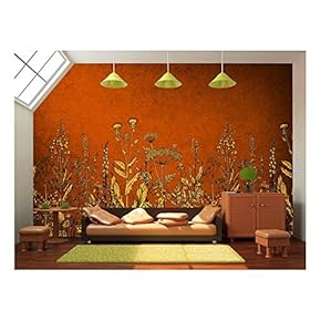 Large Wall Mural - Vintage Style Yellow Flowers on Red Background | Self-Adhesive Vinyl Wallpaper/Removable Modern Wall Decor - 66x96 inches