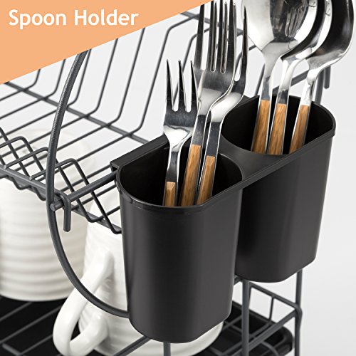 2 Tier Dish Drying Rack Kitchen Organizer with Drain Board, Gray Painted Steel, Naturous