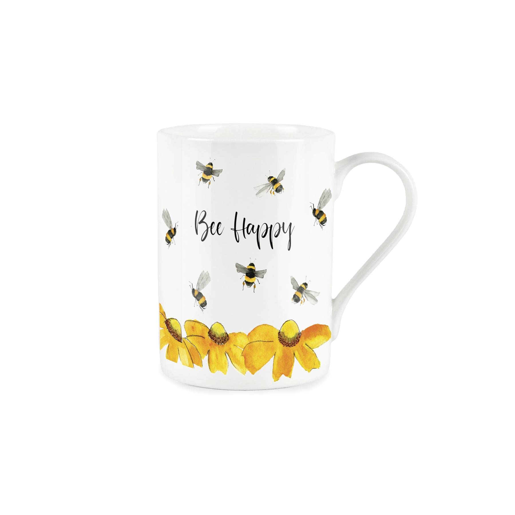 Purely Home Bee Happy Mug - Bees Jargon Bone China Style White Plants Coffee/Tea Present Gift for Bee Lovers
