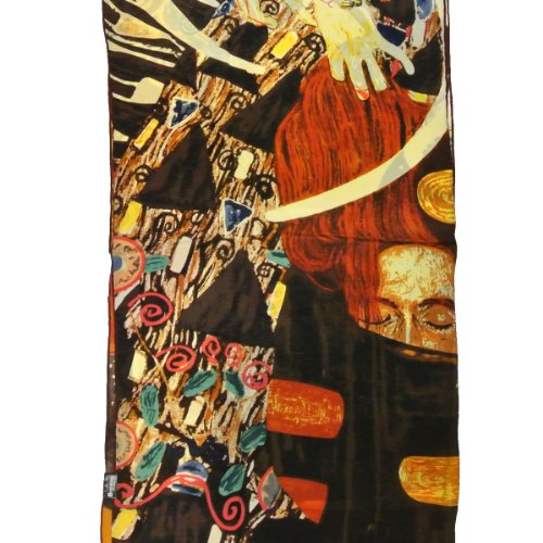 Wrapables Luxurious 100% Charmeuse Silk Long Scarf with Hand Rolled Edges, Gustav Klimt's Judith II