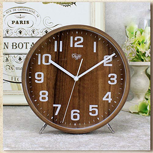 Justup 8 Inch Wood Table Clock, Retro Non-Ticking Table Desk Alarm Clock Battery Operated with Sweep Quartz Movement HD Glass Large Numerals Decorative for Bedroom Living Room Kids Room (Brown)