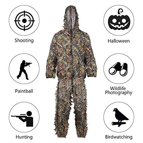 SMZCTYI Ghillie Suit Set, 3D Leafy Woodland Camouflage Clothing, Lightweight & Durable Outdoor Camo Outfit for Youth and Adult (Average) - Thumbnail 6