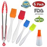 BBQ Grill Tools, Makerfun 6 Pack Silicone Basting Brush And Kitchen Tongs Grilling Set, Heat Resistant,Food Grade,Dishwasher Safe,BPA Free,FDA Approved,Bristle Free