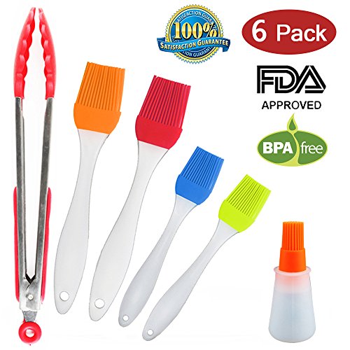 BBQ Grill Tools, Makerfun 6 Pack Silicone Basting Brush And Kitchen Tongs Grilling Set, Heat Resistant,Food Grade,Dishwasher Safe,BPA Free,FDA Approved,Bristle Free