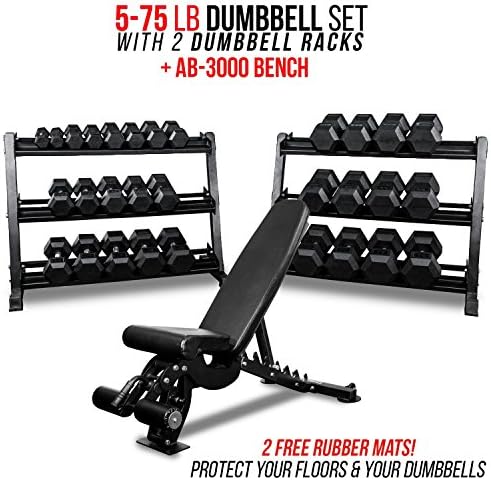 REPFITNESS Dumbbell Set with Bench – 5-50, 5-75 or 5-100 Rubber Hex Dumbbell Set with Either Flat or Adjustable Bench