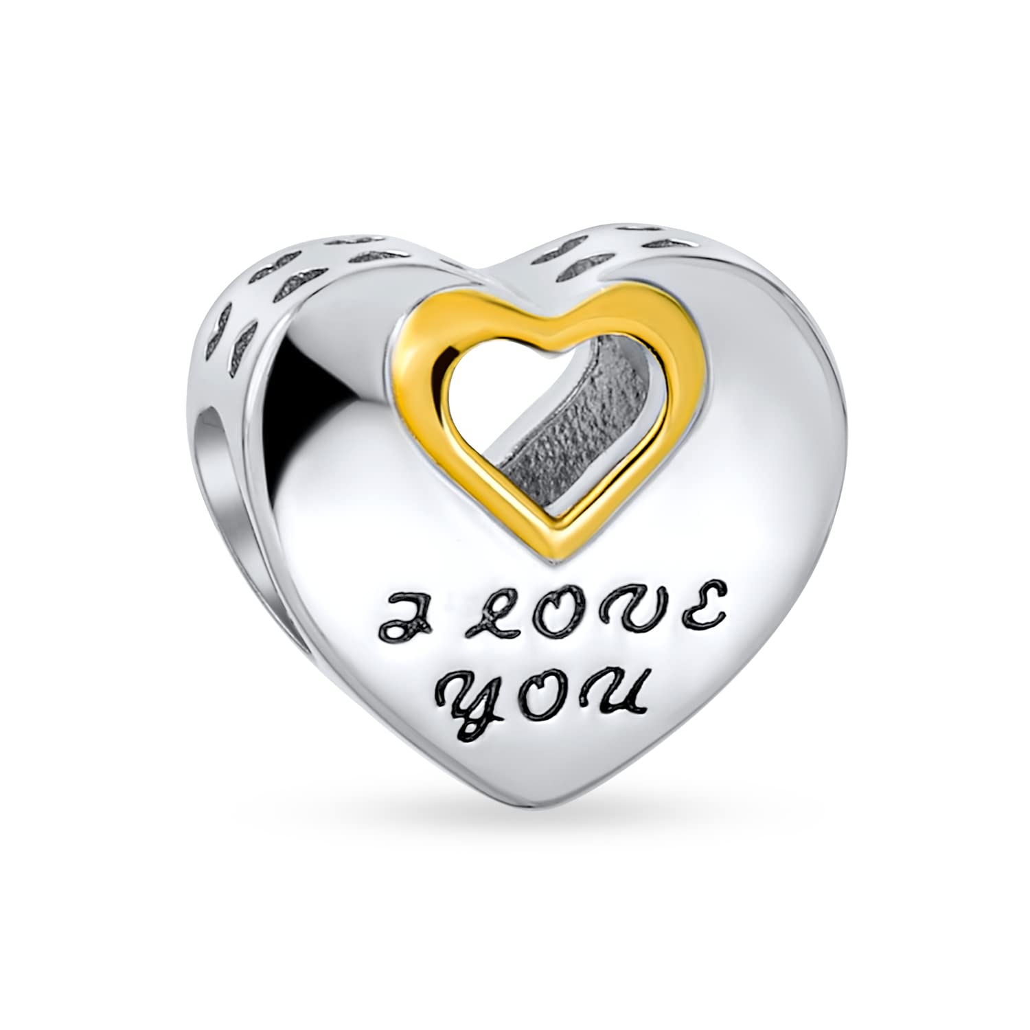 Personalized Saying Words "I LOVE YOU" Open Two Tone Love Heart Shape Charm Bead For Women Teen Oxidized Gold Plated .925 Sterling Silver Fits European Bracelet