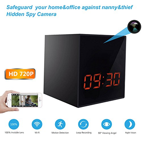 LIZVIE WiFi Hidden Spy Portable Nanny Clock Cam,Surviellance Security,100% Invisible Lens,Montion Detection,Wireless 720P Video&Loop Record,Night Vision,12&24 Hour Alarm Clock,Free App(Base Version)