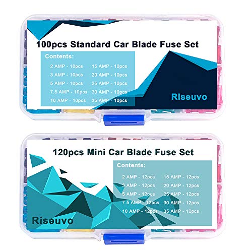 220pcs - Car Blade Fuses Assortment Kit, Automotive Fuses - Standard & Mini (2A/ 3A/ 5A/ 7.5A/ 10A/ 15A/ 20A/ 25A/ 30A/ 35A), Car Boat Truck SUV Automotive Replacement Fuses by Riseuvo