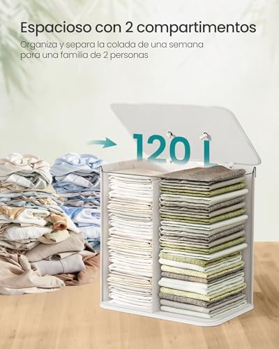 Cesto de la Ropa Sucia con Tapa, 2 compartimentos, 120 L, Cesta de Lavandería de Bambú, Plegable, con Bolsa Lavable Extraíble, Asas, para Lavandería, Dormitorio, Blanco LCB014W01
