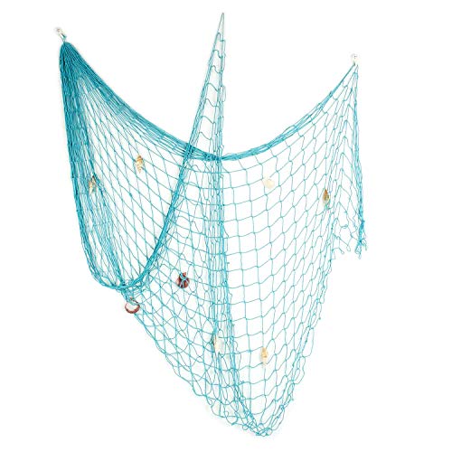 Blue Rustic Decorative Fishing Net Wall Decor with Conch Seashells