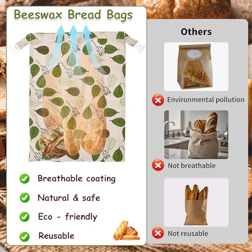 TRIUFO Beeswax Bread Bags 43 x 33 cm Reusable Organic Cotton Bread Bags with Natural Wax Coating - For Bread Storage and Keeping Fresh - Set of 2 | Beeswax