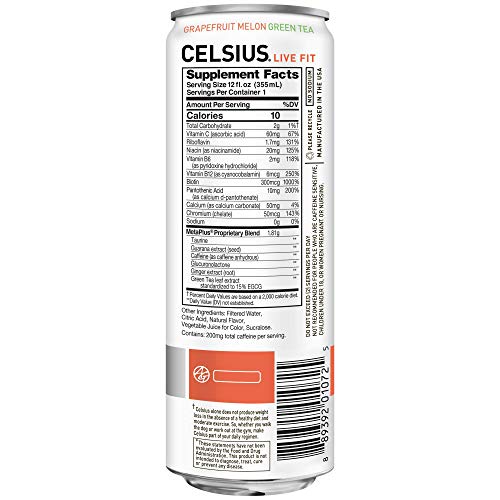 CELSIUS Grapefruit Melon Green Tea NonCarbonated Fitness Drink, Zero Sugar, Slim Can 12 Fl Oz
